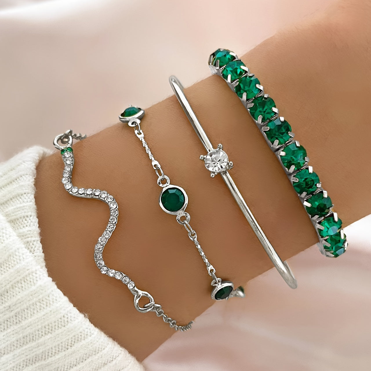 Green Rhinestone Snake Bracelet - Elastic Claw