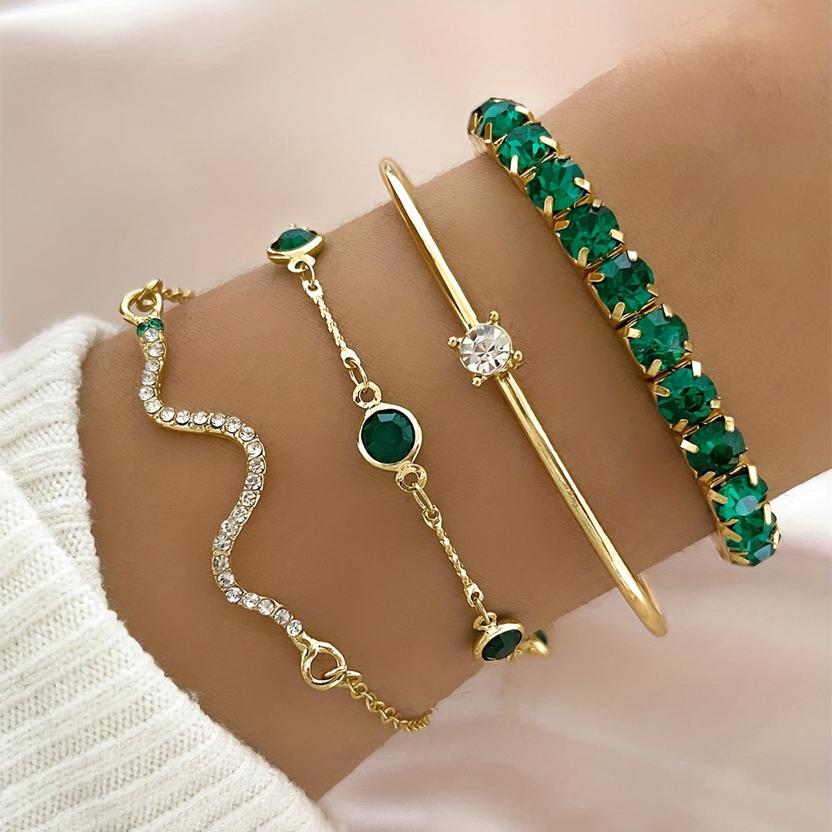 Green Rhinestone Snake Bracelet - Elastic Claw